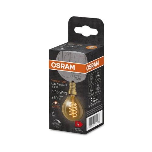 OSRAM Vintage 1906 LED-golfpallo E14 3,4W gold him