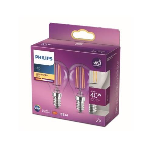 Philips LED-lamppu E14 4,3W P45 Filament 2700K 2x