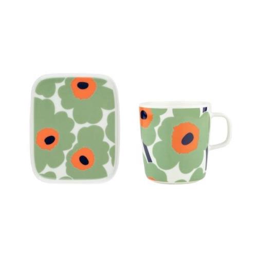 Marimekko Unikko muki 40 cl + lautanen 12x15 cm White-sage-orange-dark...