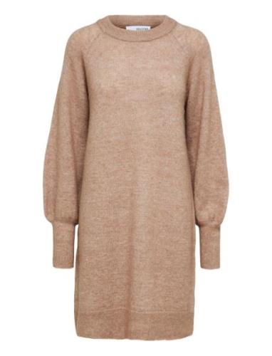 Slflulu Ls Knit Dress O-Neck B Noos Lyhyt Mekko Beige Selected Femme