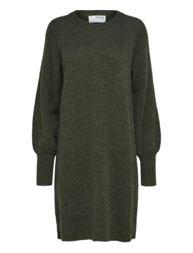 Slflulu Ls Knit Dress O-Neck B Noos Lyhyt Mekko Khaki Green Selected F...