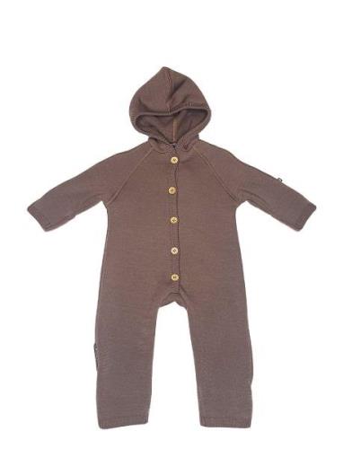 Jumpsuit Merino Wool W. Buttons And Hoodie, Rose Brown Jumpsuit Haalar...