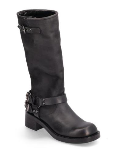 Biaharper Biker Boot Pull Up Leather Korkeavartiset Saapikkaat Black B...