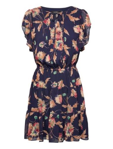 Floral Crinkle Georgette Tie-Neck Dress Lyhyt Mekko Navy Lauren Ralph ...