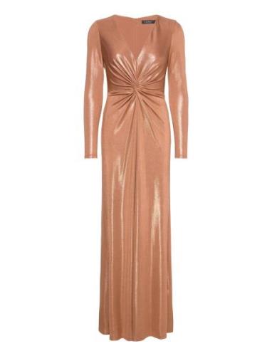 Twist-Front Foil-Print Jersey Gown Maksimekko Juhlamekko Gold Lauren R...