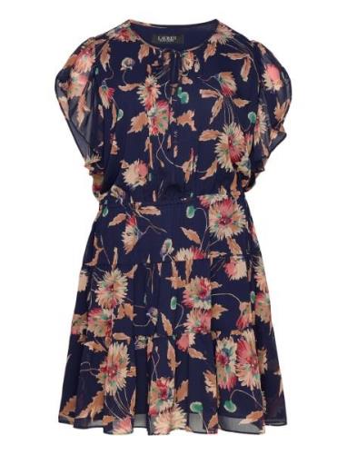 Floral Crinkle Georgette Tie-Neck Dress Lyhyt Mekko Navy Lauren Women