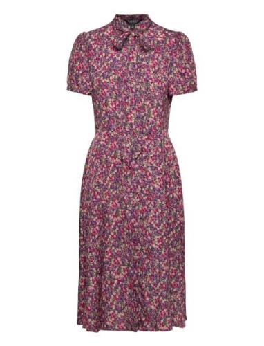 Floral Crepe Tie-Neck Shirtdress Lyhyt Mekko Pink Lauren Ralph Lauren