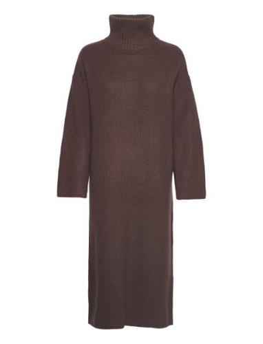 Slfelina Ls Knit Highneck Dress B Polvipituinen Mekko Brown Selected F...