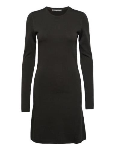 Klara Fine Rib Dress Polvipituinen Mekko Black Wood Wood