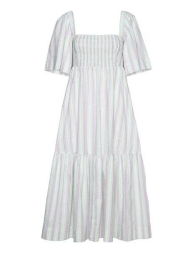 Stripe Seersucker Ruffle Midi Dress Polvipituinen Mekko Blue Ganni