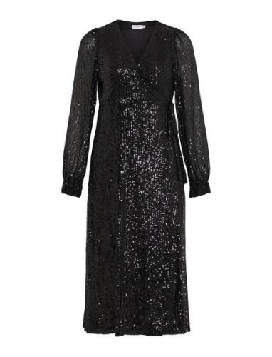 Vimaia Ls Sequin Midi Wrap Dress/Dc Polvipituinen Mekko Black Vila