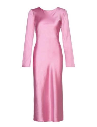 Longsleeve Midi Satin Dress Polvipituinen Mekko Pink Gina Tricot