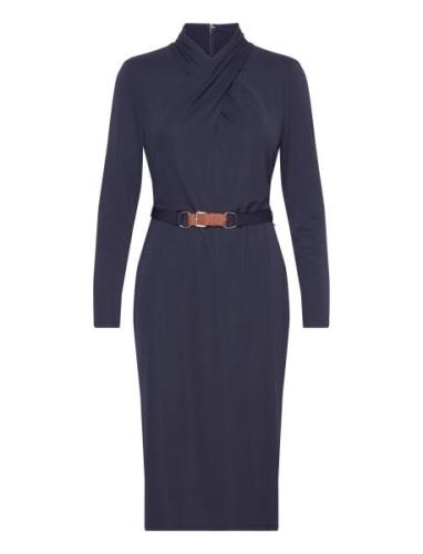 Belted Mockneck Jersey Dress Polvipituinen Mekko Navy Lauren Ralph Lau...