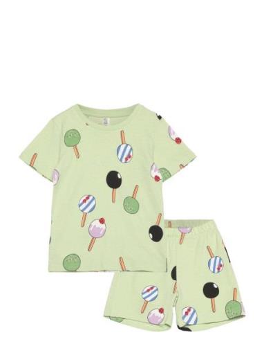 Pyjama Tee Shorts Set Aop Unis Pyjamasetti Pyjama Green Lindex