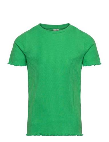 Pkdora Ss O-Neck Solid Rib Top Tops T-shirts Short-sleeved Green Littl...