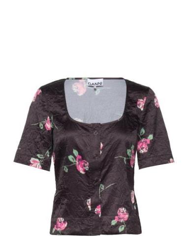 Crinkled Satin U-Neck Blouse Tops Blouses Short-sleeved Black Ganni