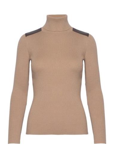 Faux Leather-Trim Rib-Knit Roll Neck Tops Knitwear Turtleneck Beige La...