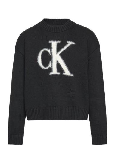 Fluffy Monogram Sweater Tops Knitwear Pullovers Black Calvin Klein