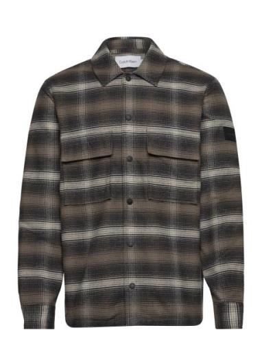 Flannel Overcheck Overshirt Tops Overshirts Khaki Green Calvin Klein