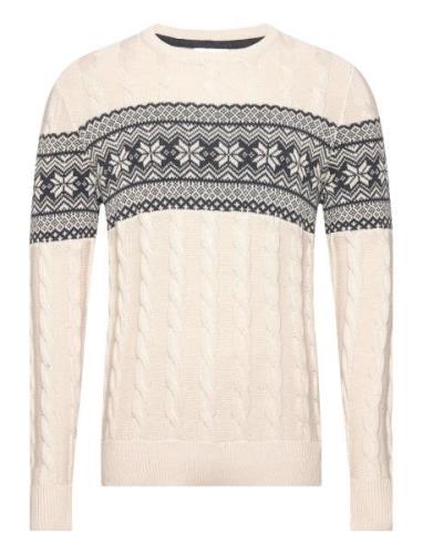 Jaquard Cable O-Neck Sweater Tops Knitwear Round Necks Cream Lindbergh