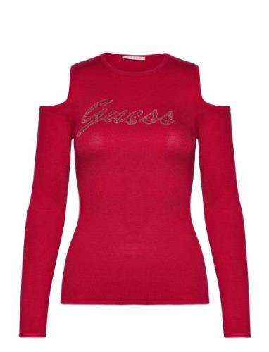 Ls Cold Shldr Guess Logo Swtr Tops T-shirts & Tops Long-sleeved Red GU...