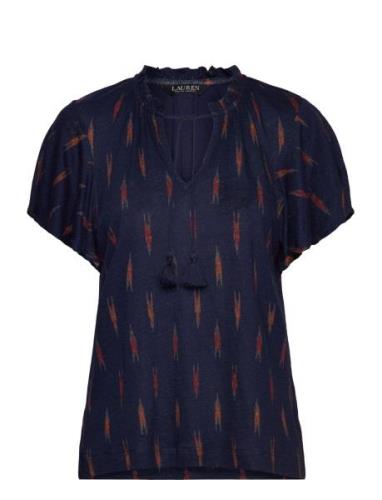 Geo-Print Jersey Tie-Neck Top Tops Blouses Short-sleeved Navy Lauren R...