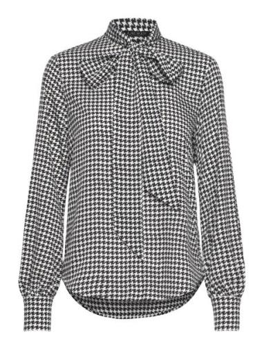 Houndstooth Crepe Tie-Neck Shirt Tops Blouses Long-sleeved Black Laure...