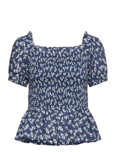 Floral Cotton Voile Peplum Blouse Tops Blouses Short-sleeved Navy Laur...