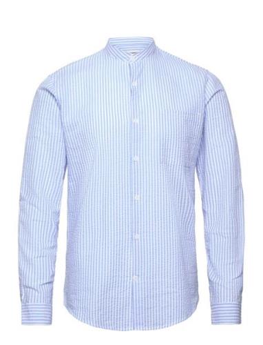 Seersucker Manderin Shirt L/S Tops Shirts Casual Blue Lindbergh