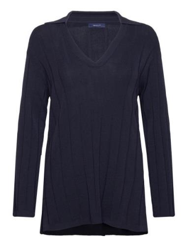 Rib Knit Open Collar Tops Knitwear Jumpers Blue GANT