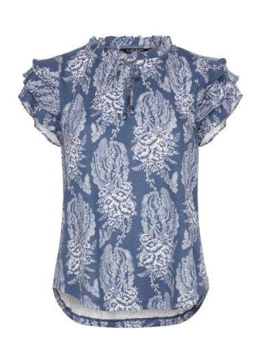 Floral Linen-Blend Jersey Tie-Neck Top Tops T-shirts & Tops Short-slee...