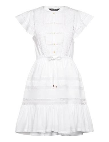 Lace-Trim Jersey Flutter-Sleeve Dress Lyhyt Mekko White Lauren Ralph L...