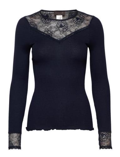 Silk T-Shirt Regular Ls W/Lace Tops T-shirts & Tops Long-sleeved Blue ...