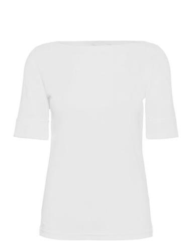 Cotton Boatneck Top Tops T-shirts & Tops Short-sleeved White Lauren Ra...