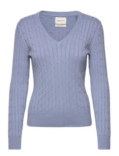 Stretch Cotton Cable V-Neck Tops Knitwear Jumpers Blue GANT