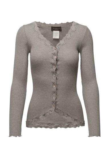 Silk Cardigan W/ Lace Tops Knitwear Cardigans Grey Rosemunde