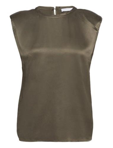 2Nd Cornish Tt - Satin Ease Tops Blouses Sleeveless Khaki Green 2NDDAY