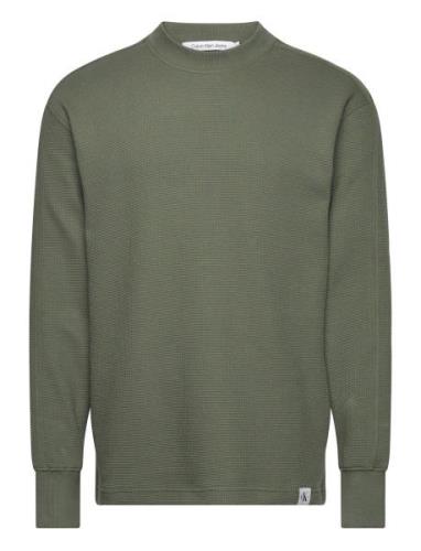 Woven Tab Waffle Ls Tops T-shirts Long-sleeved Khaki Green Calvin Klei...