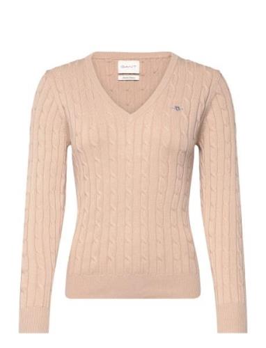 Stretch Cotton Cable V-Neck Tops Knitwear Jumpers Beige GANT