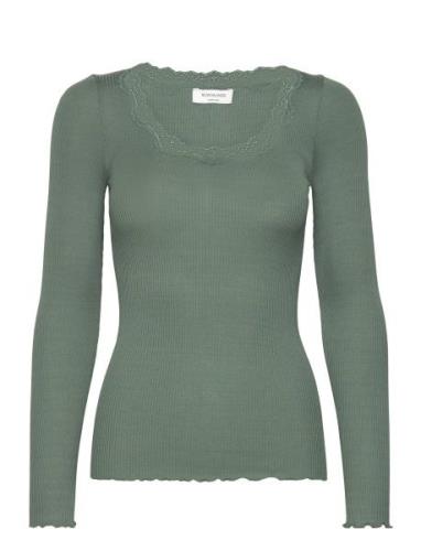 Silk T-Shirt W/ Lace Tops T-shirts & Tops Long-sleeved Khaki Green Ros...