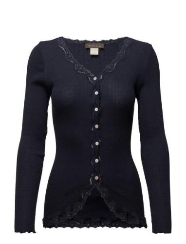 Silk Cardigan W/ Lace Tops Knitwear Cardigans Blue Rosemunde