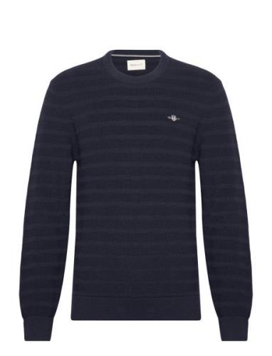 Stripe Textured Cotton C-Neck Tops Knitwear Round Necks Navy GANT