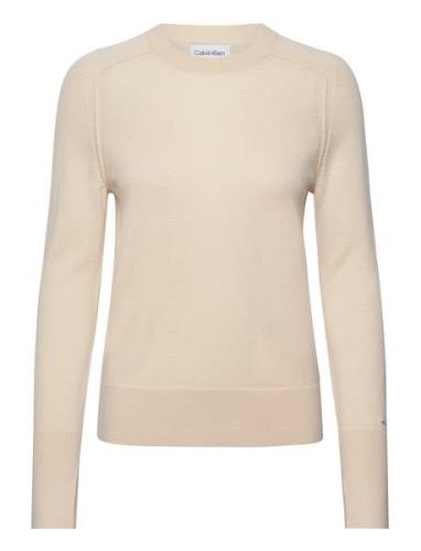 Merino Wool Crew Neck Sweater Tops Knitwear Jumpers Beige Calvin Klein