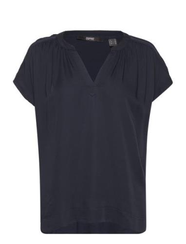 V-Necked Viscose Blouse Tops T-shirts & Tops Short-sleeved Navy Esprit...