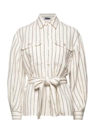 Belted Striped Linen Utility Shirt Tops Shirts Long-sleeved Cream Polo...