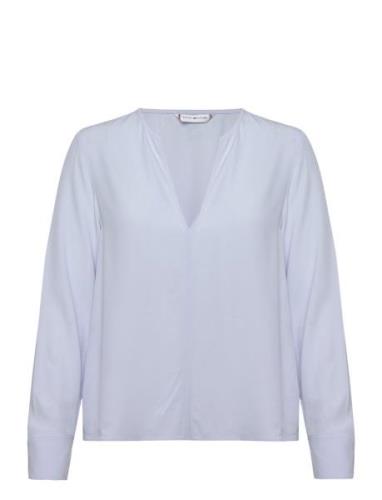 Viscose Crepe V-Neck Blouse Tops Blouses Long-sleeved Blue Tommy Hilfi...