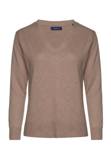 Linen-Blend V-Neck Tops Knitwear Jumpers Brown GANT