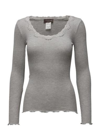 Silk T-Shirt W/ Lace Tops T-shirts & Tops Long-sleeved Grey Rosemunde