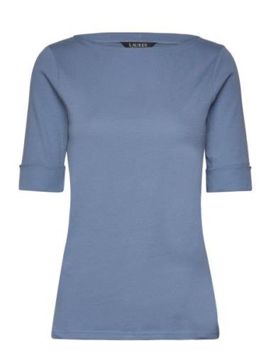 Stretch Cotton Boatneck Tee Tops T-shirts & Tops Short-sleeved Blue La...