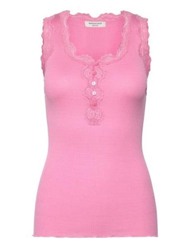 Silk Top W/ Button & Lace Tops T-shirts & Tops Sleeveless Pink Rosemun...